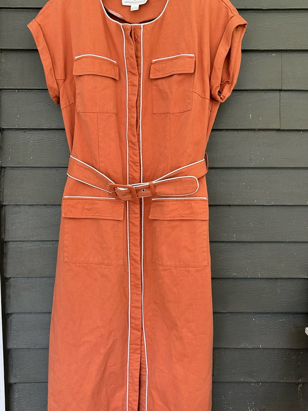 Mare Mare x Anthropologie Rust Orange Belted Midi Shirt Dress with White Piping